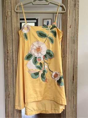 Yellow Floral Embroidered Spaghetti Strap Dress